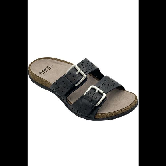 Earth Perforated Leather Slide Sandals Sand Antigua Black - Medium - Picture 3 of 5